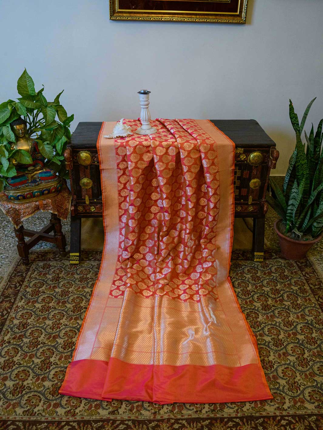 Orange/Pink Pure Silk Banarasi Handloom Saree
