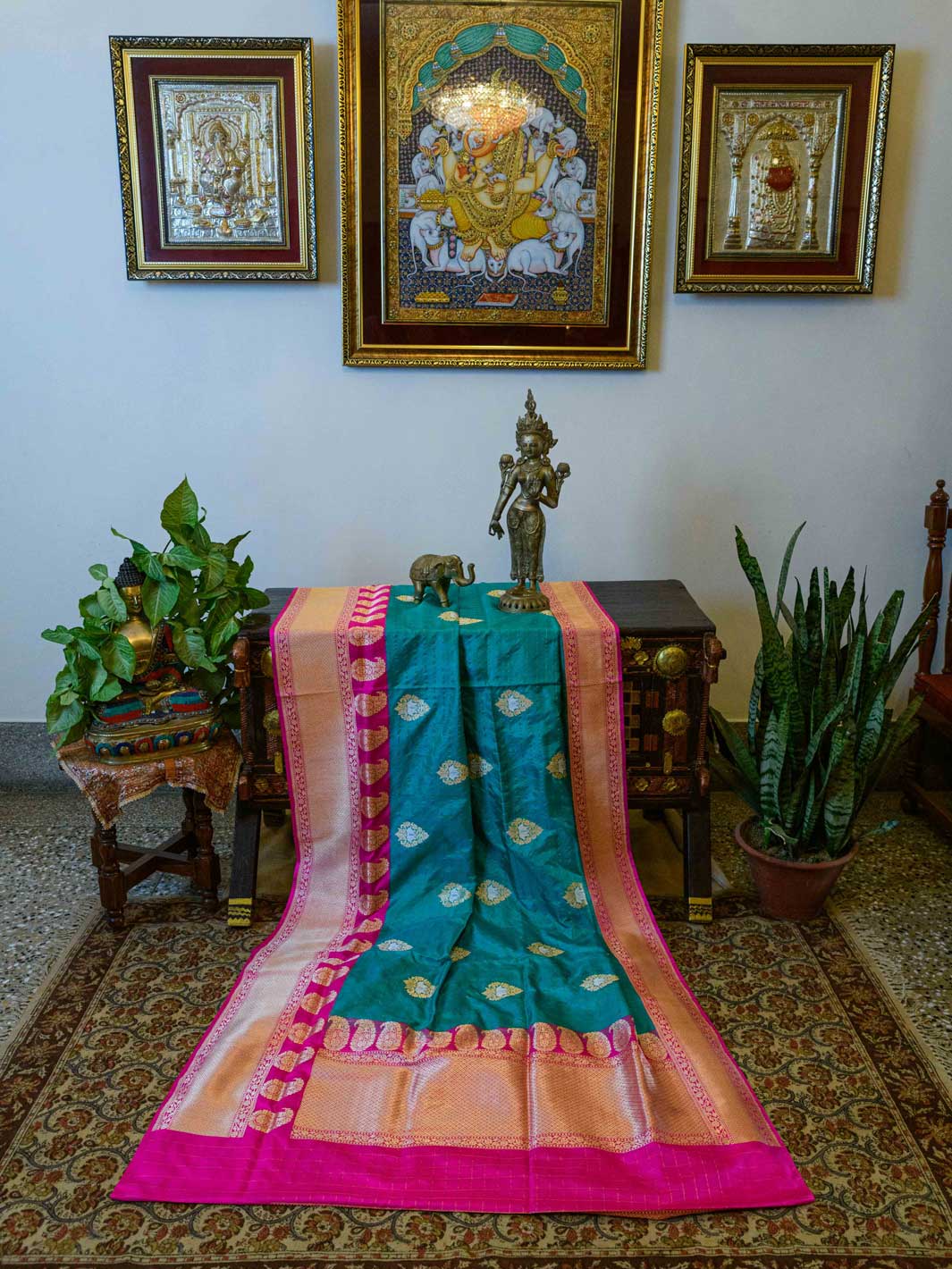 Emerald/Pink Pure Katan Silk Handloom Banarasi Saree