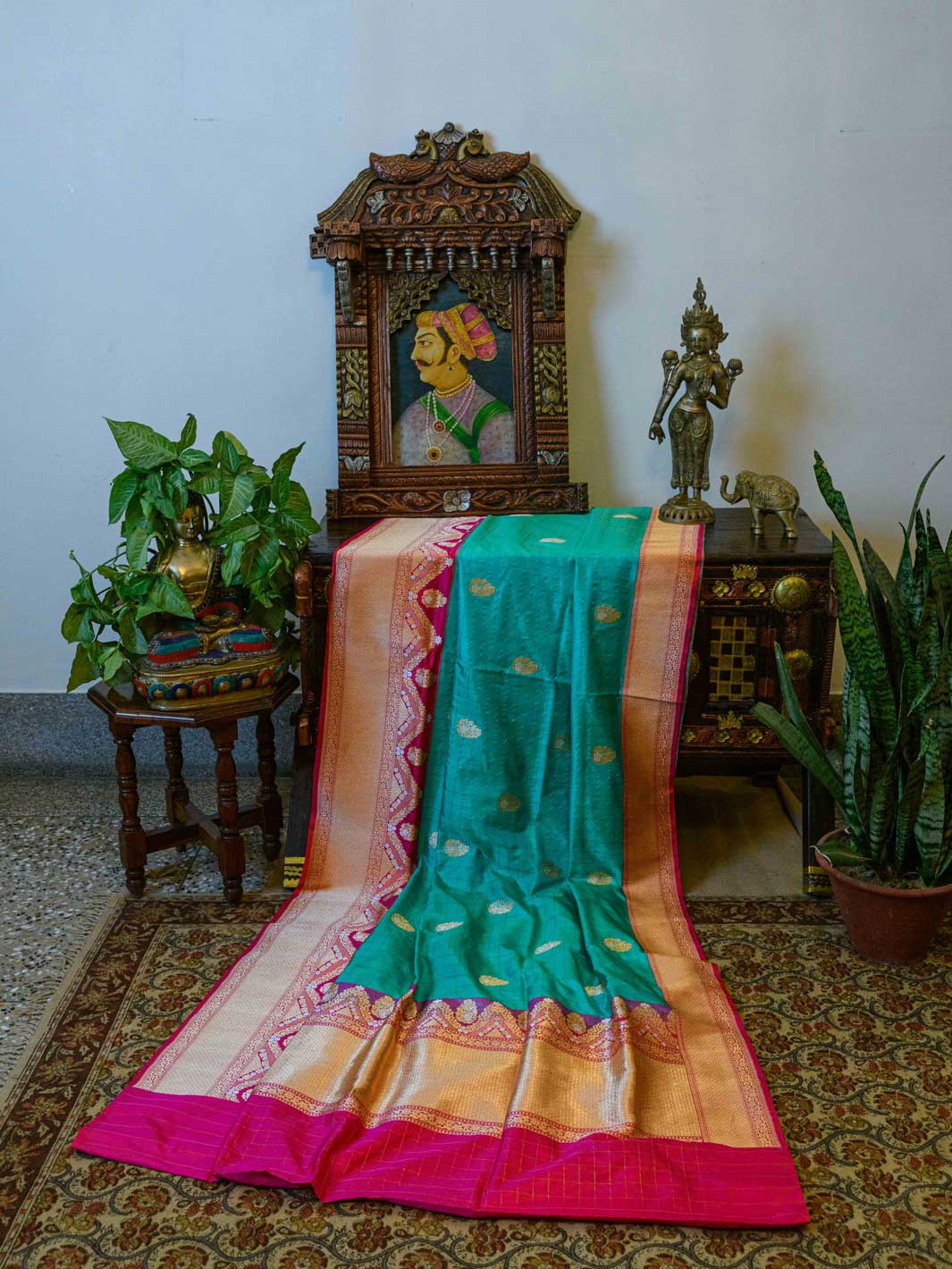 Aqua Green/Pink Pure Katan Silk Handloom Banarasi Saree