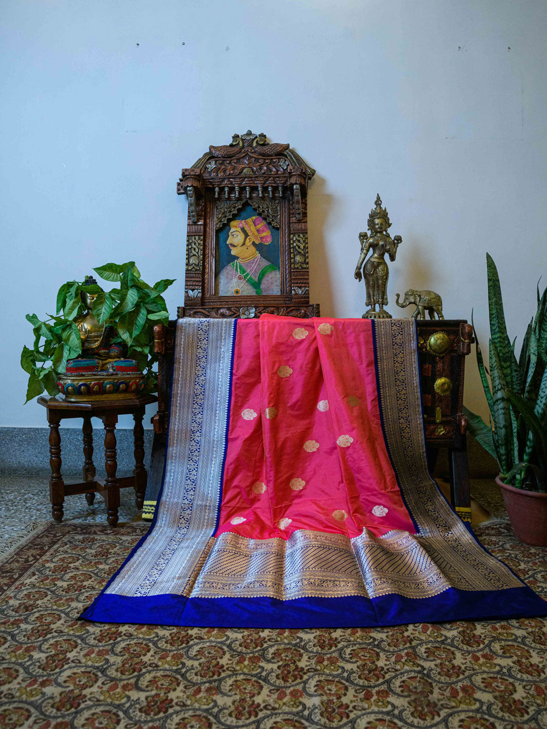 Pink/Blue Pure Katan Silk Handloom Banarasi Saree