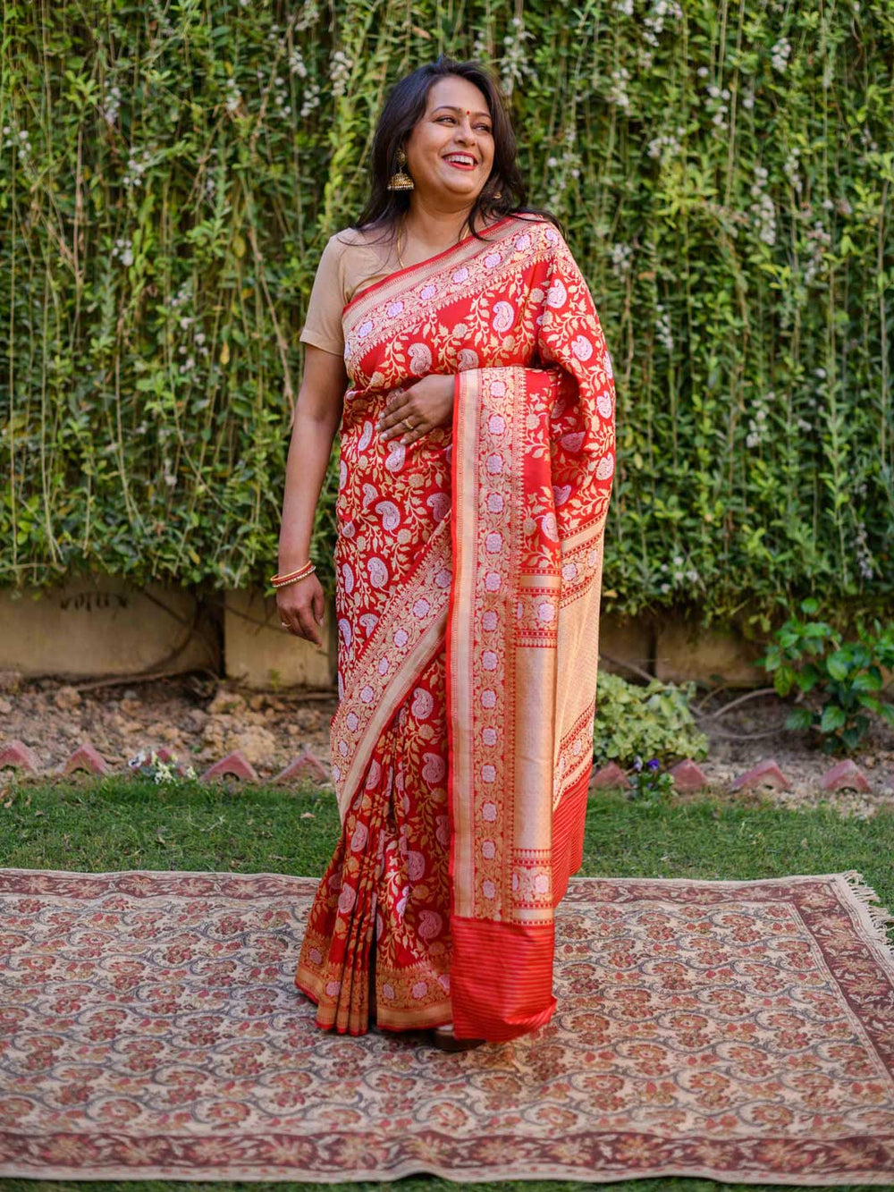 Red Pure Katan Silk Banarasi Handloom Saree - full length
