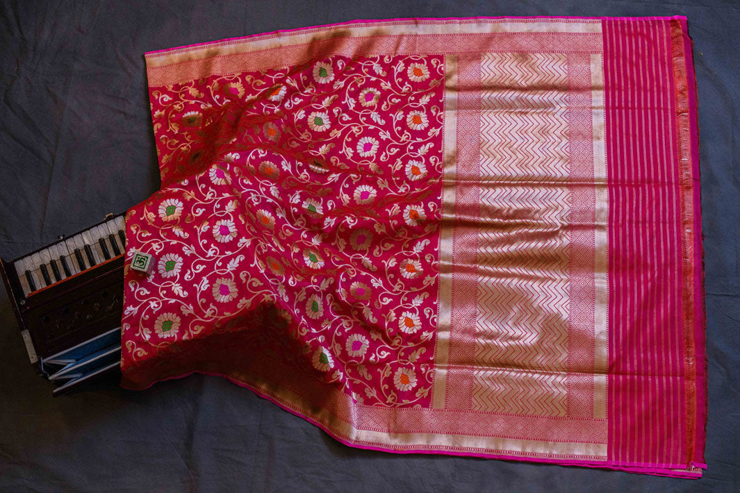 Orange/Pink Pure Silk Banarasi Handloom Saree