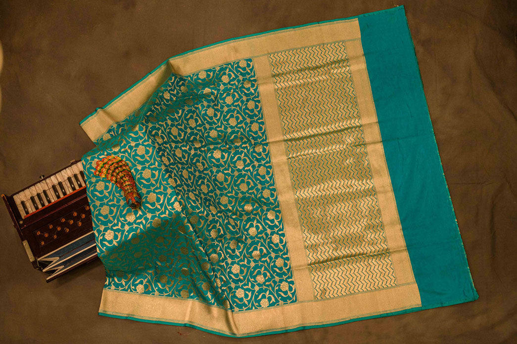Terqoise Green Pure Silk Banarasi Handloom Saree
