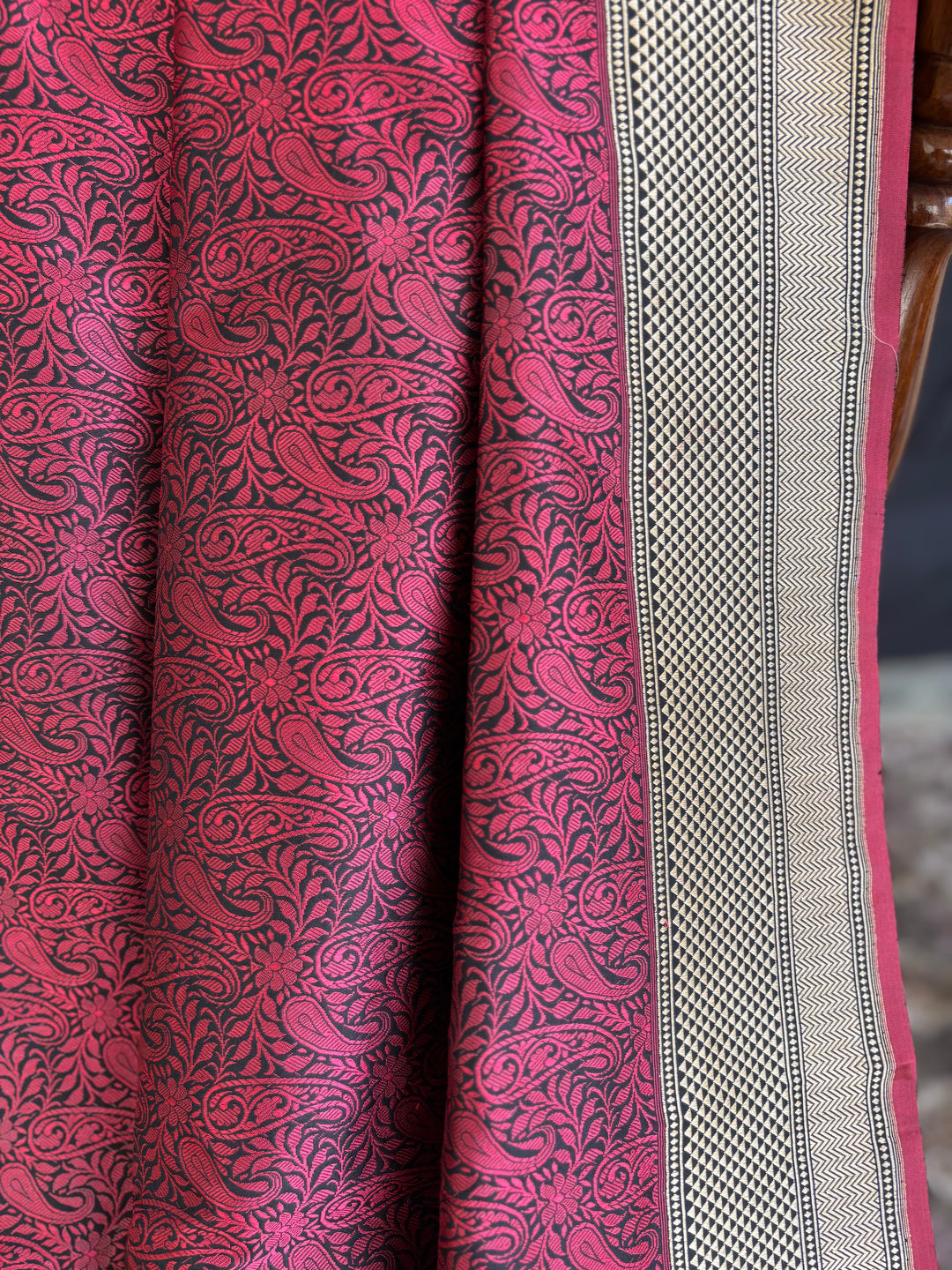Deep Red & Black Banarasi Handloom Katan Silk Saree