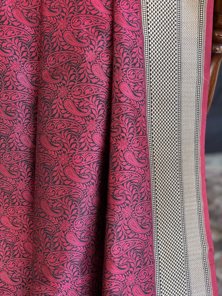Deep Red & Black Banarasi Handloom Katan Silk Saree