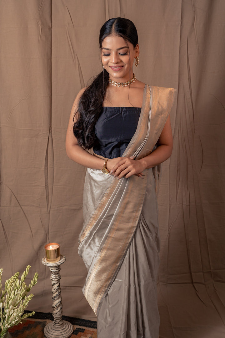 Grey Plain Katan Silk Banarasi Handloom Saree