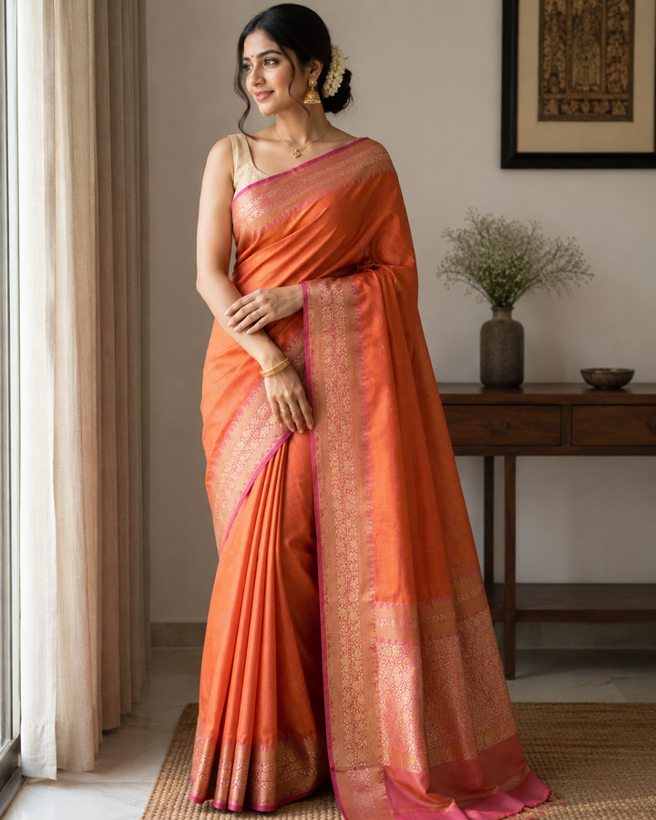 Orange Tanchoi Katan Handloom Saree