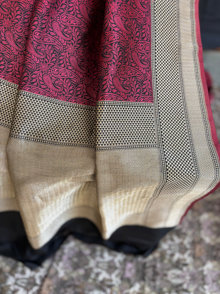 Deep Red & Black Banarasi Handloom Katan Silk Saree