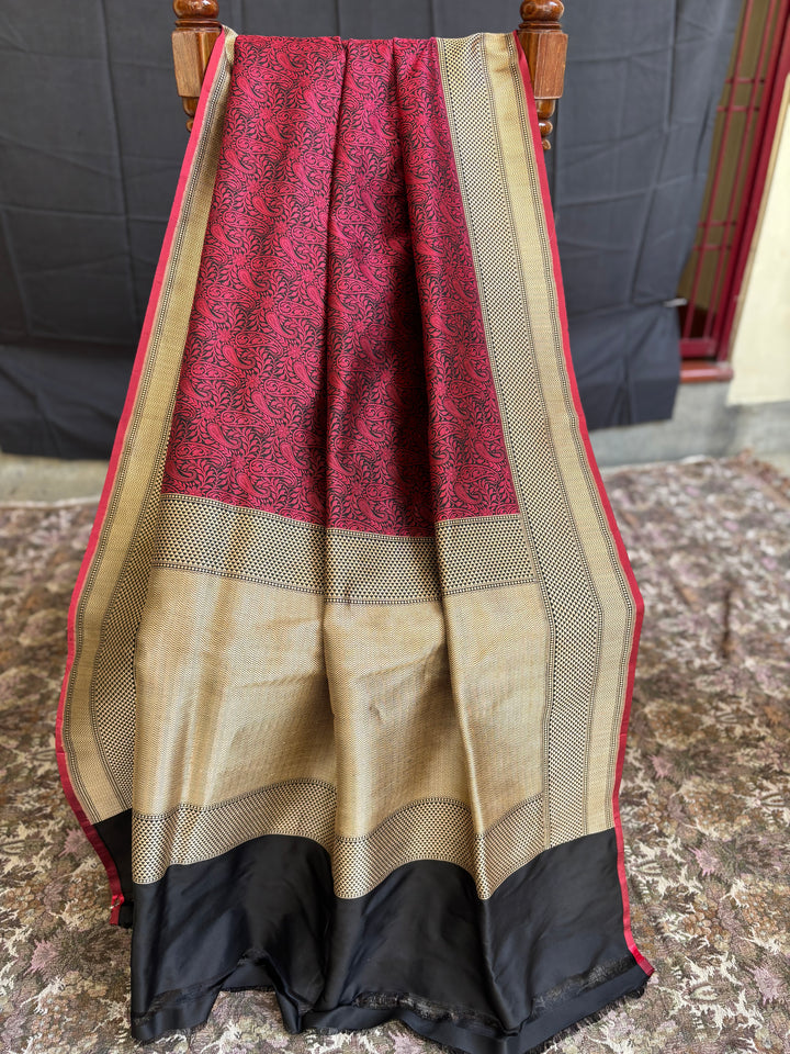 Deep Red & Black Banarasi Handloom Katan Silk Saree
