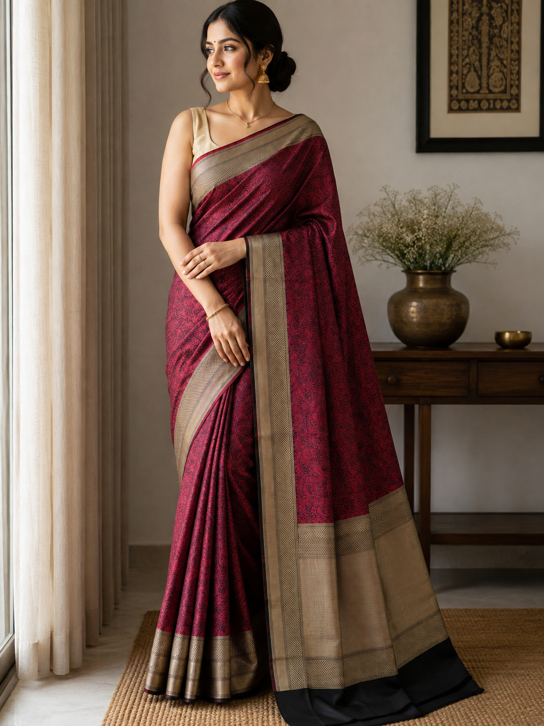 Deep Red & Black Banarasi Handloom Katan Silk Saree