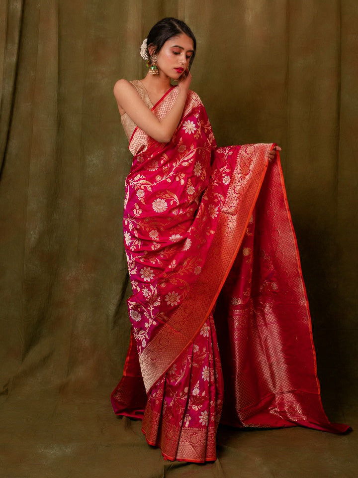 Red Rani Pink Pure Katan Silk Banaras Handloom Saree