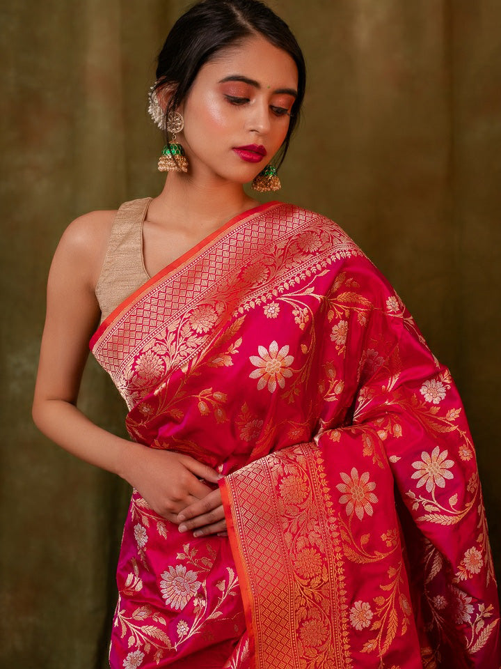 Red Rani Pink Pure Katan Silk Banaras Handloom Saree