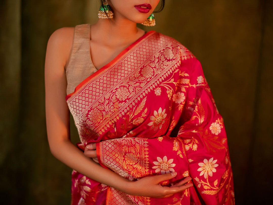 Red Rani Pink Pure Katan Silk Banaras Handloom Saree