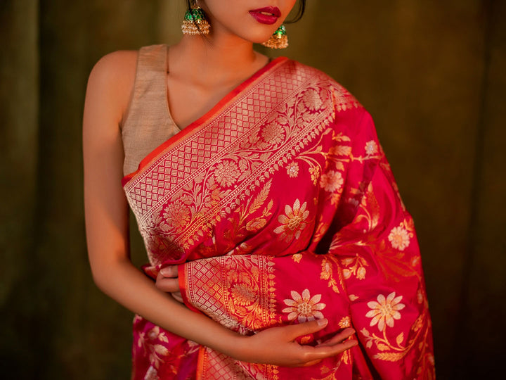 Red Rani Pink Pure Katan Silk Banaras Handloom Saree