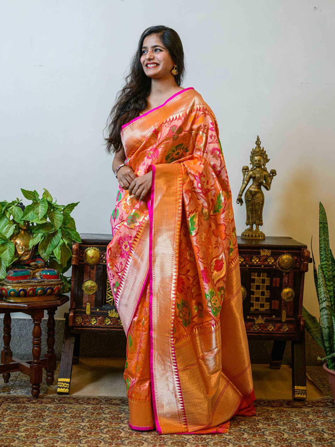 Handloom Saree with All Body Work - Orange and Purple - ArtisanSoul