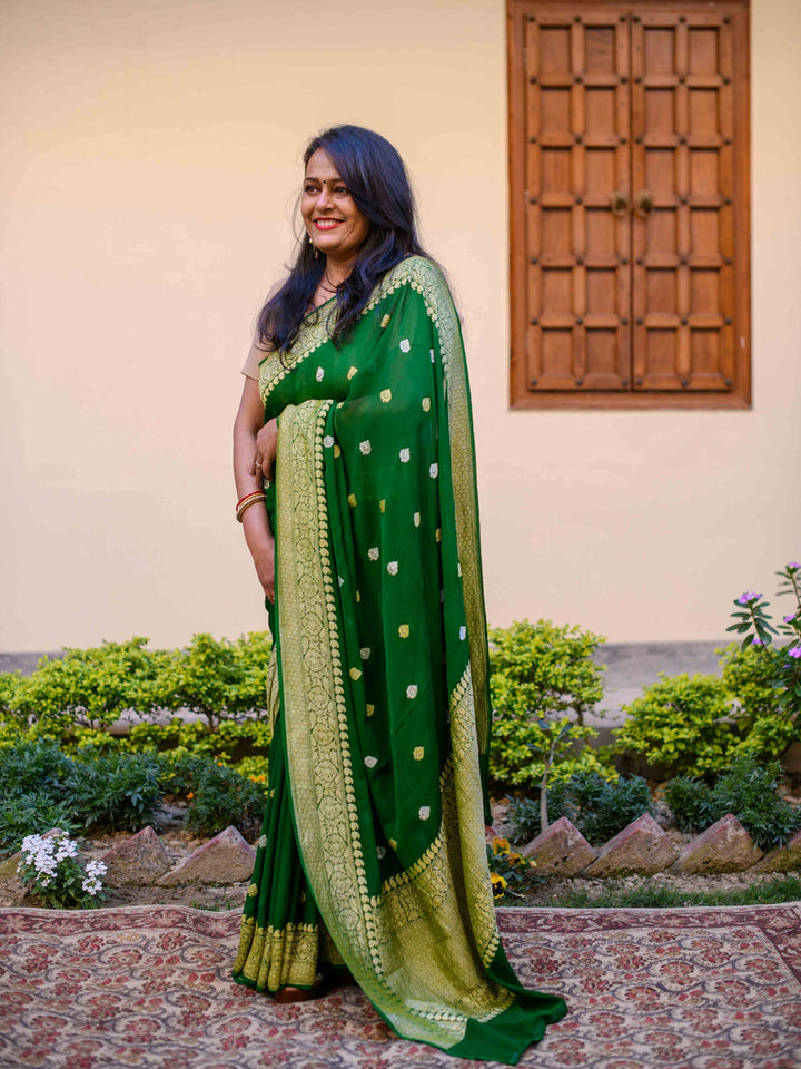 Green Pure Khaddi Georgette Banarasi Handloom Kadwa Saree