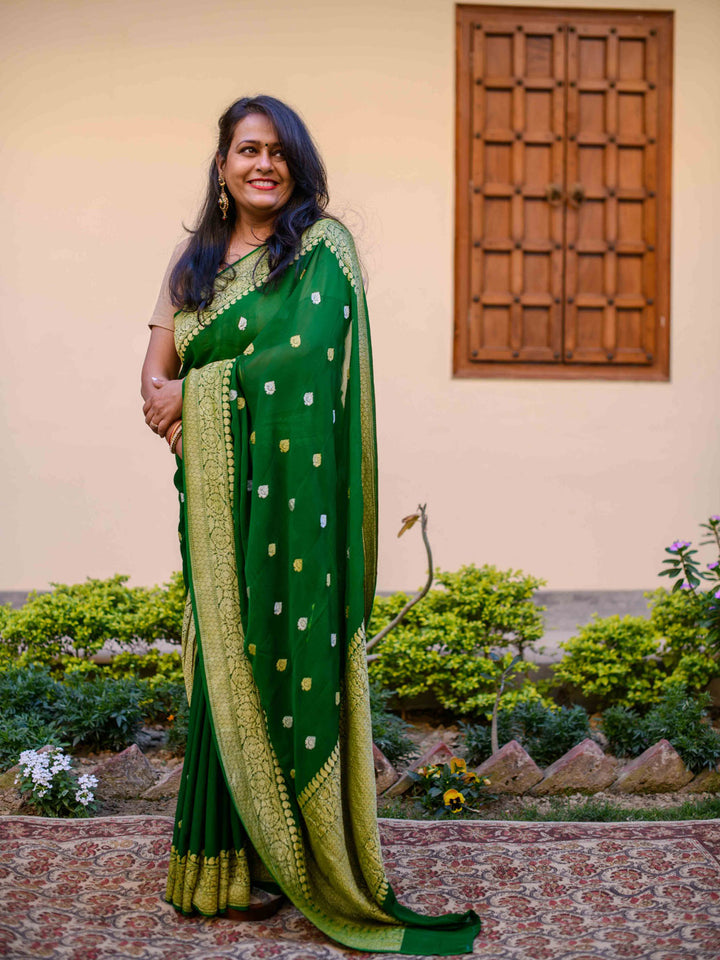 Green Pure Khaddi Georgette Banarasi Handloom Kadwa Saree