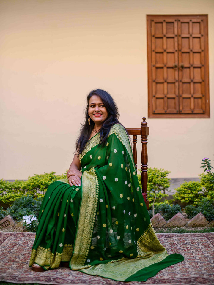 Green Pure Khaddi Georgette Banarasi Handloom Kadwa Saree