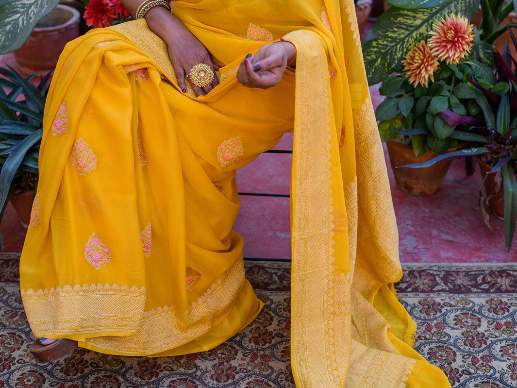 Yellow Pure Khaddi Georgette Banarasi Handloom Saree