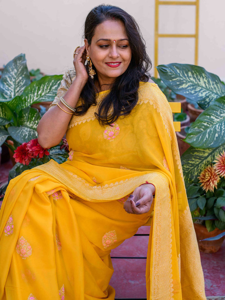 Yellow Pure Khaddi Georgette Banarasi Handloom Saree