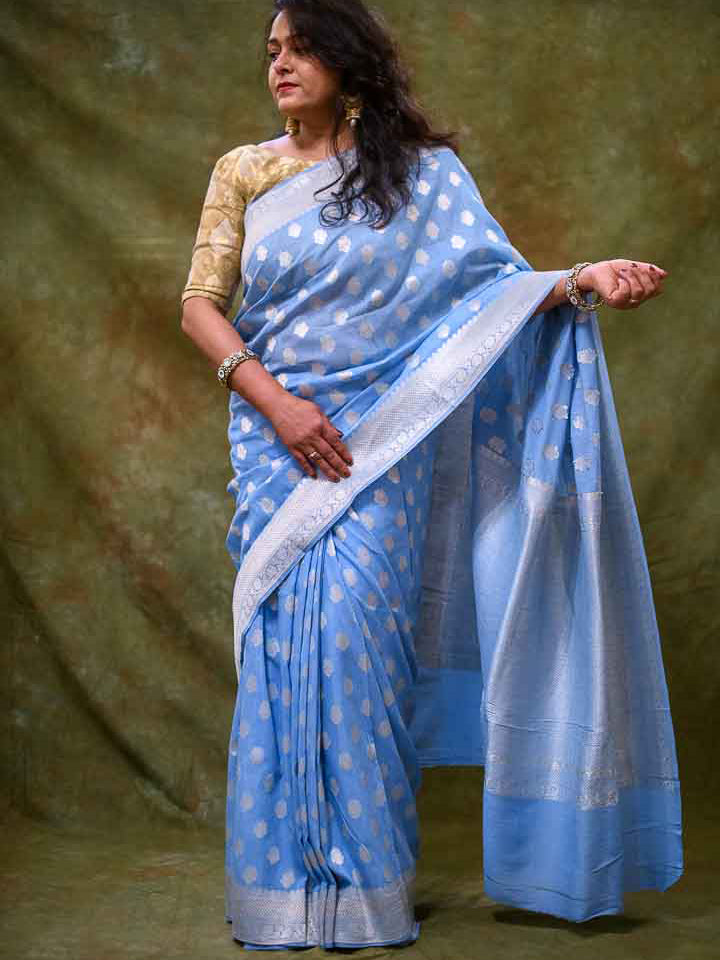 Light Blue Silk with Cotton Handloom Banarasi Saree