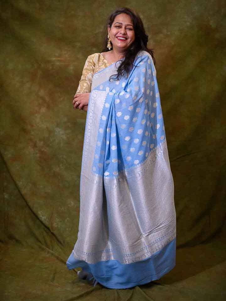 Sravani' Light Blue Pure Kora Silk Banarasi Handloom Saree - Tilfi