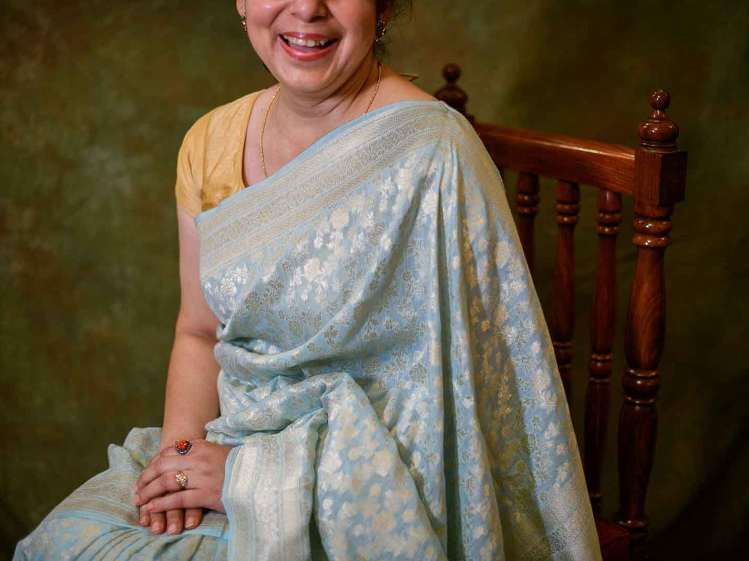 Light Firozi Silk with Cotton Handloom Banarasi Saree