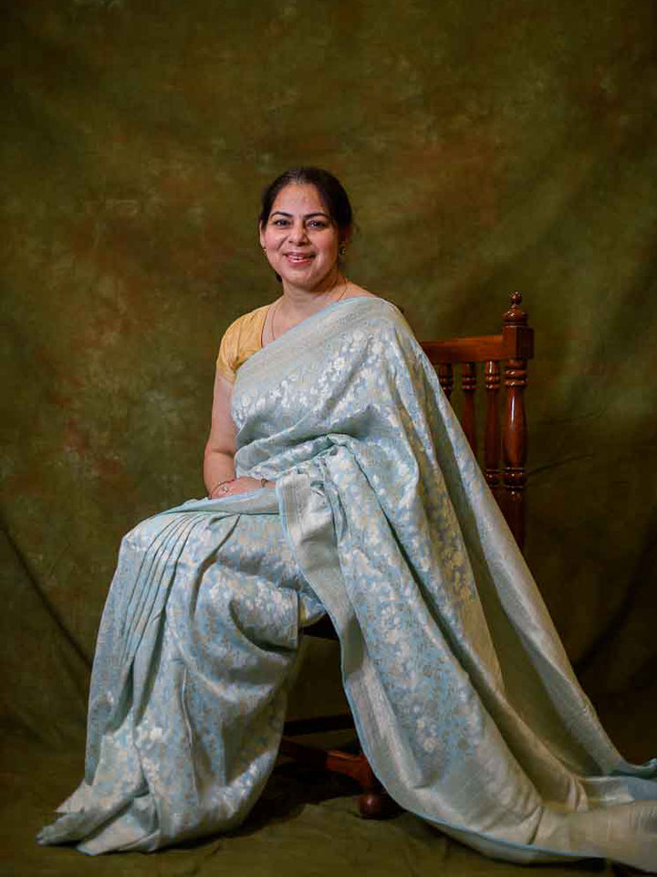 Light Firozi Silk with Cotton Handloom Banarasi Saree