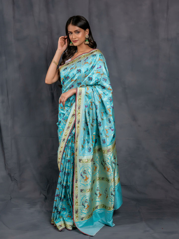 Firozi Pure Katan Silk Banarasi Handloom Saree