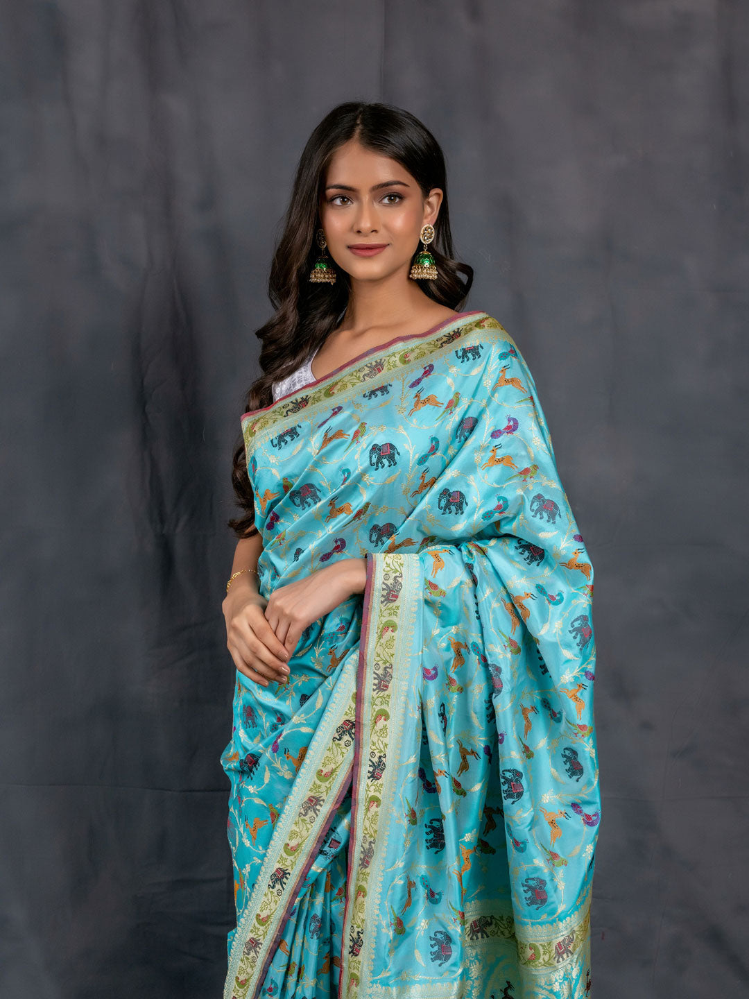 Firozi Pure Katan Silk Banarasi Handloom Saree