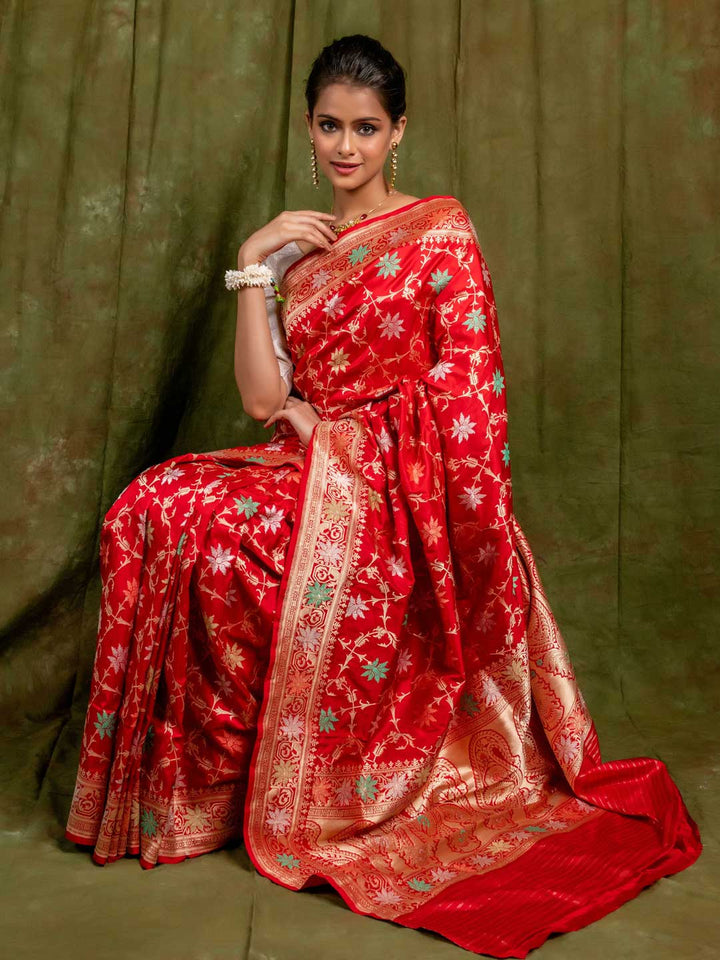 'Red’ Pure Katan Silk Banarasi Handloom Saree