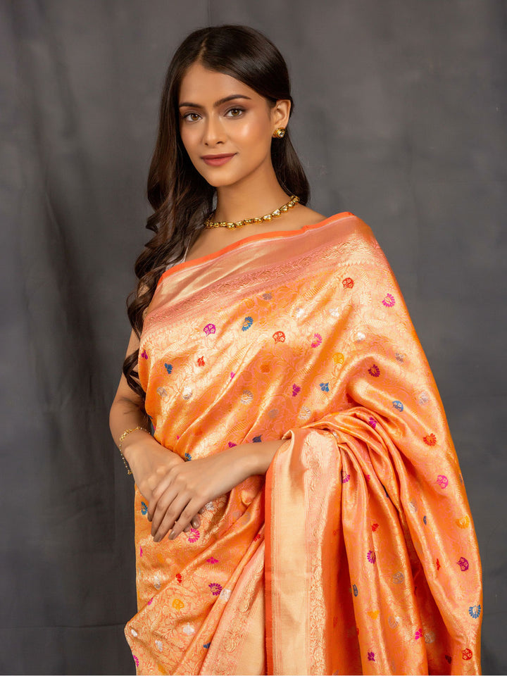 Peach Pure Katan Silk Banarasi Handloom Saree