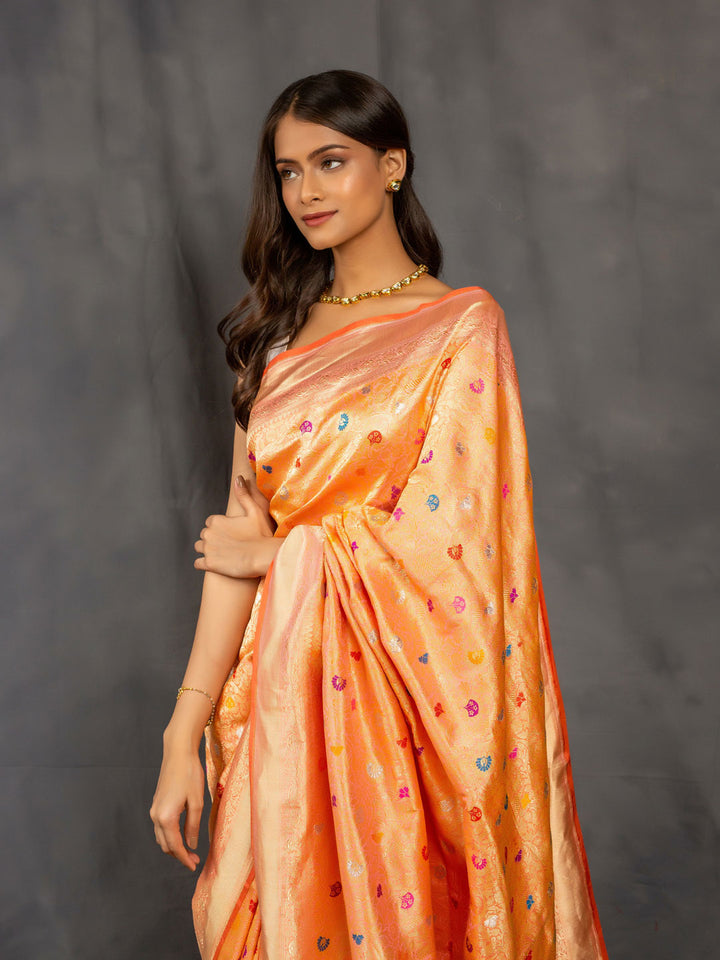 Peach Pure Katan Silk Banarasi Handloom Saree